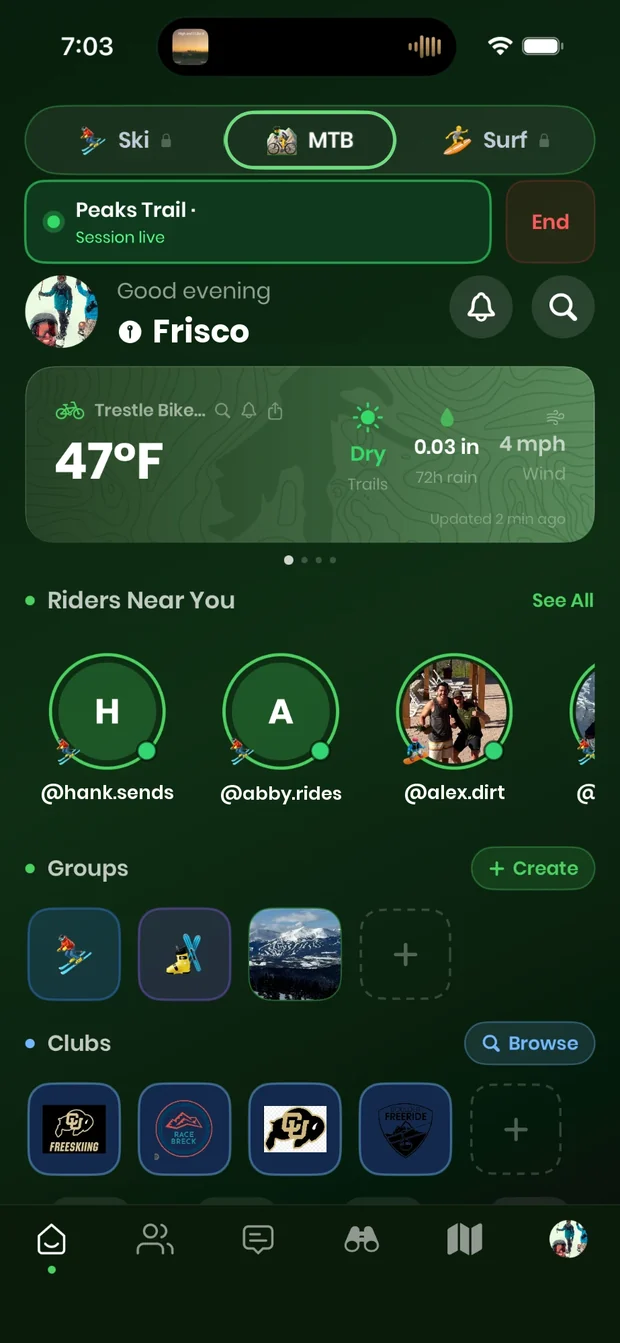 Shredhead home screen with the MTB tab: a live trail session, trail conditions, nearby riders, groups and clubs
