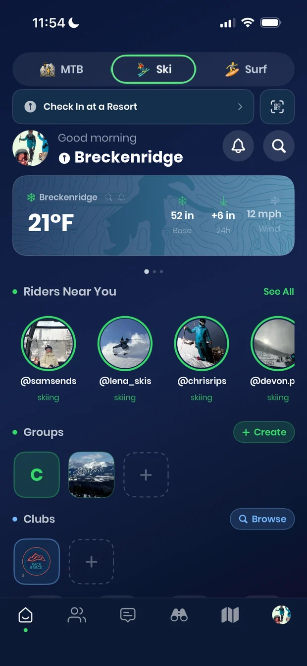 Shredhead home screen with the Ski tab: conditions, nearby riders, groups and clubs