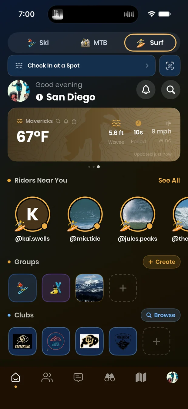 Shredhead home screen with the Surf tab: surf conditions, groups and clubs